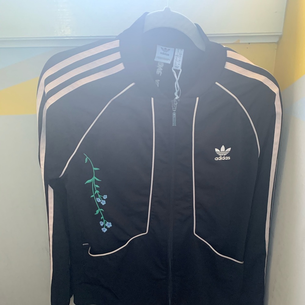 Black and pink flower adidas track suit